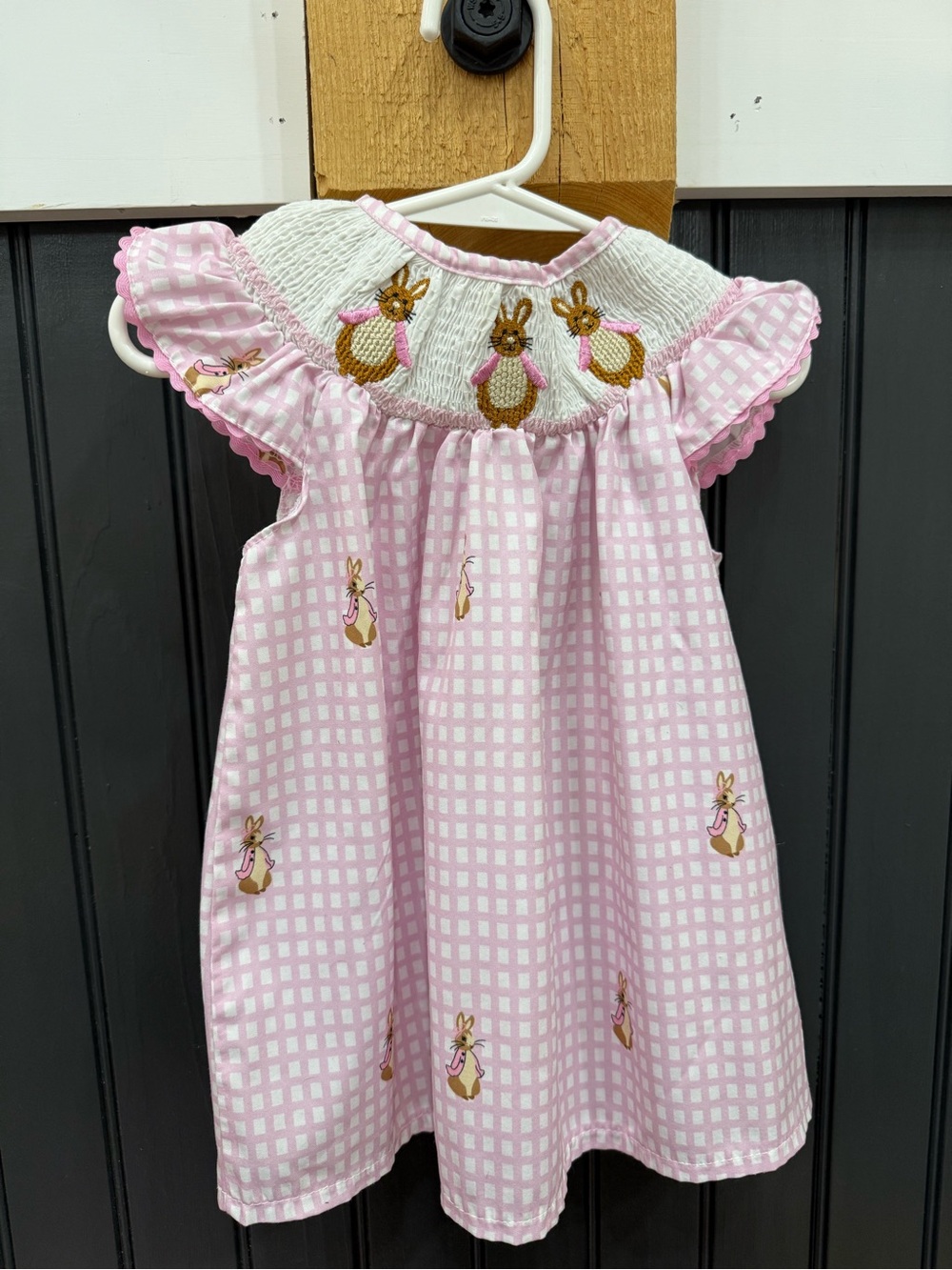 Girls Pink Gingham Bunny Smocked Dress